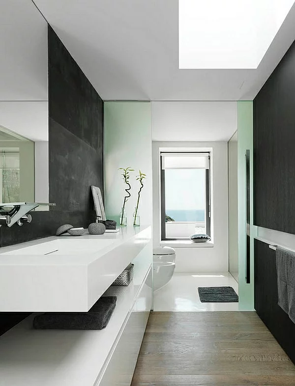 moderne badezimmer farbgestaltung schwarz weiß wandgestaltung