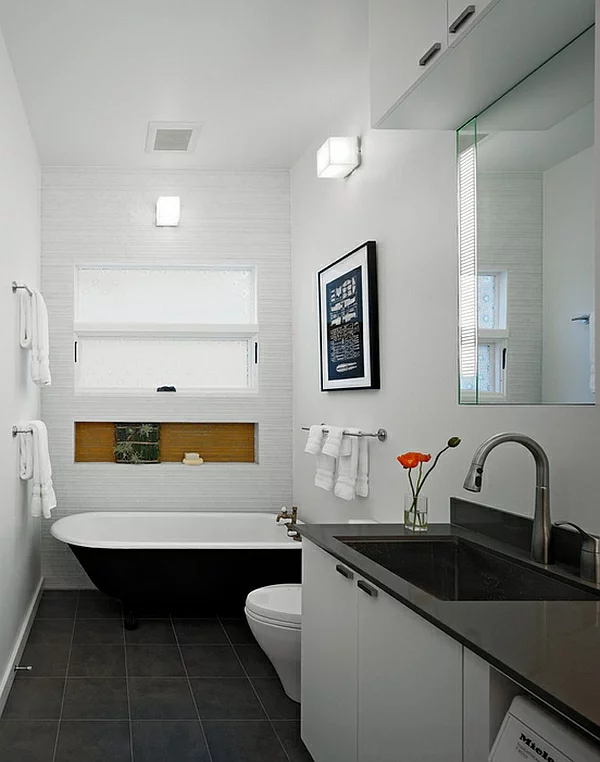 moderne badezimmer ideen farbgestaltung schwarz weiß freistehende badewanne in schwarz