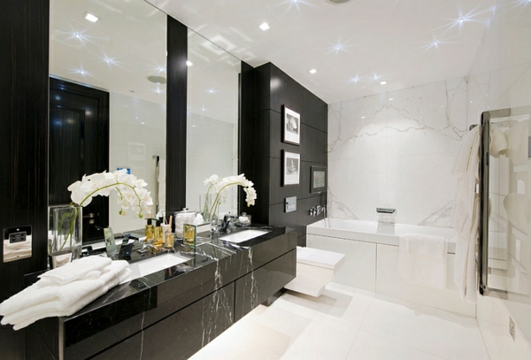 moderne badezimmer schränke schwarz weiß eingebaute deckenleuchten