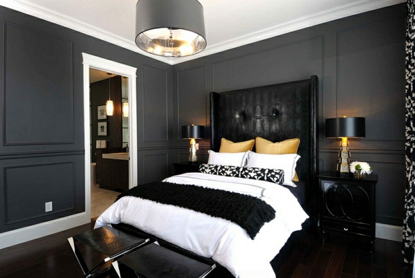 moderne schlafzimmer farben schwarz-weiß gold akzente dekokissen