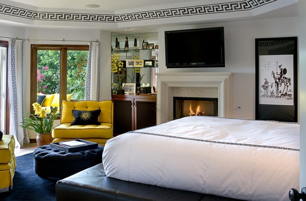 schlafzimmer design ideen weißes bett schwarzer teppich gelber sessel