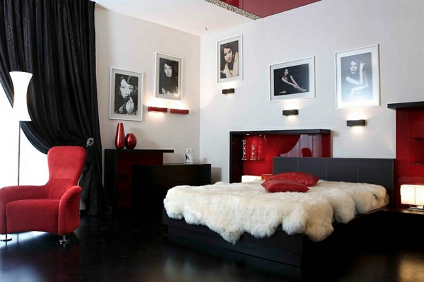 schlafzimmer farben ideen schwarz-weiß rot bett bilder rahmen
