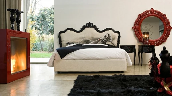 schlafzimmer im orientalischen stil bett teppich kamin spiegel 