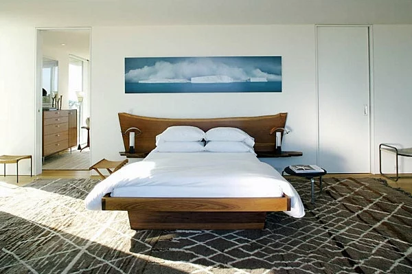 schlafzimmer innendesign ideen bett geomethrischer teppich