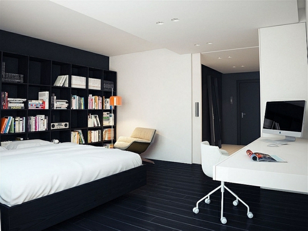 schwarz weiß wandfarben schlafzimmer minimalistisch einrichten bürostuhl