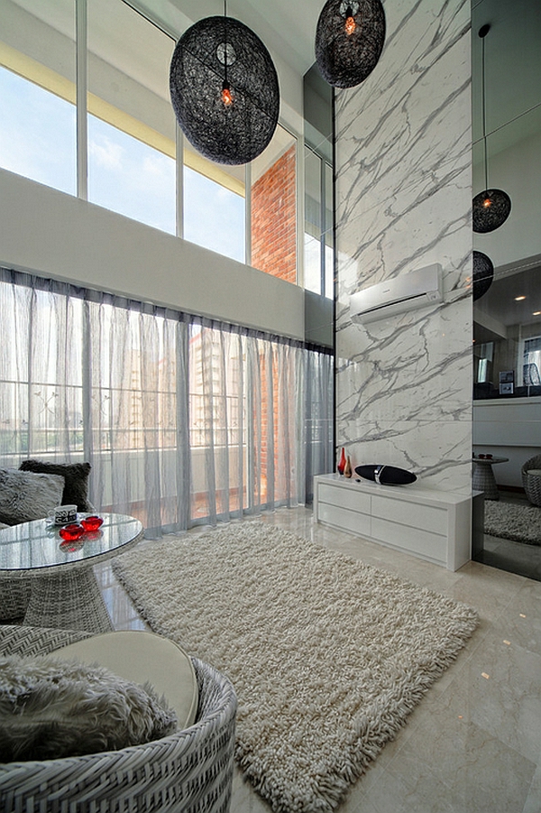 schwarze weiße farben wohnzimmer modern marmor Coole Gardinen Ideen 