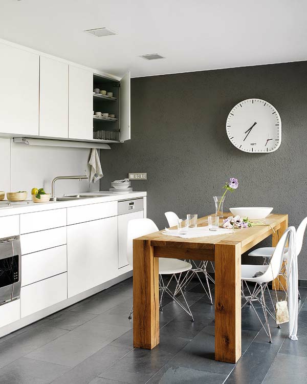 Wandfarbe in Grautönen farbgestaltung modern küche holztisch