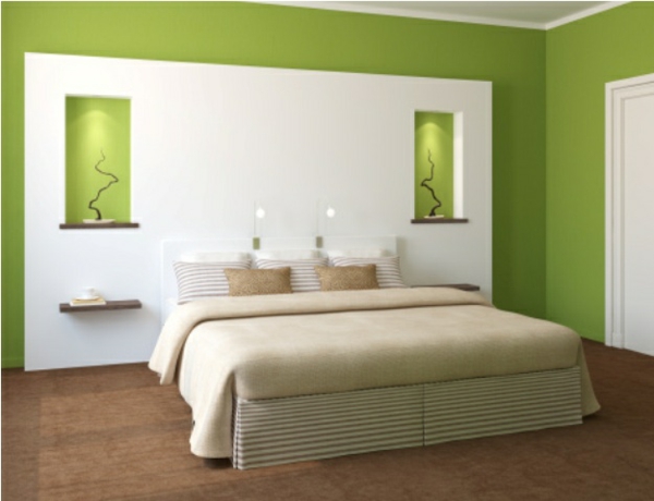 Wandfarbe in Grüntönen bett schlafzimmer