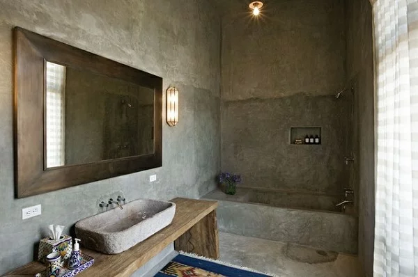 Wandfarbe spiegel badezimmer rustikal Betonoptik wandgestaltung grau