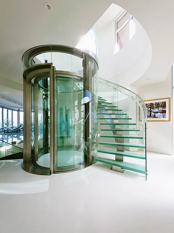 aufzug treppenhaus glas korridor design ideen