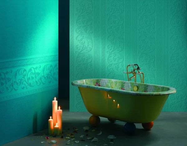 badezimmer wandfarbe lagune freistehende badewanne 