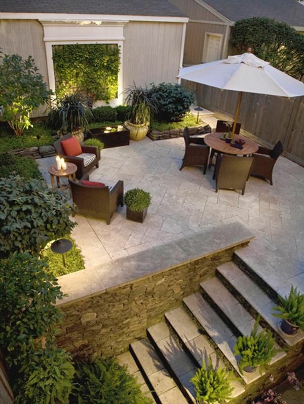 beispiele für moderne gartengestaltung patio sitzecke sonnenschirm 