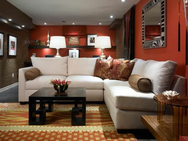 einrichtungsideen wohnzimmer wohnzimmertapete rot braun sofa 