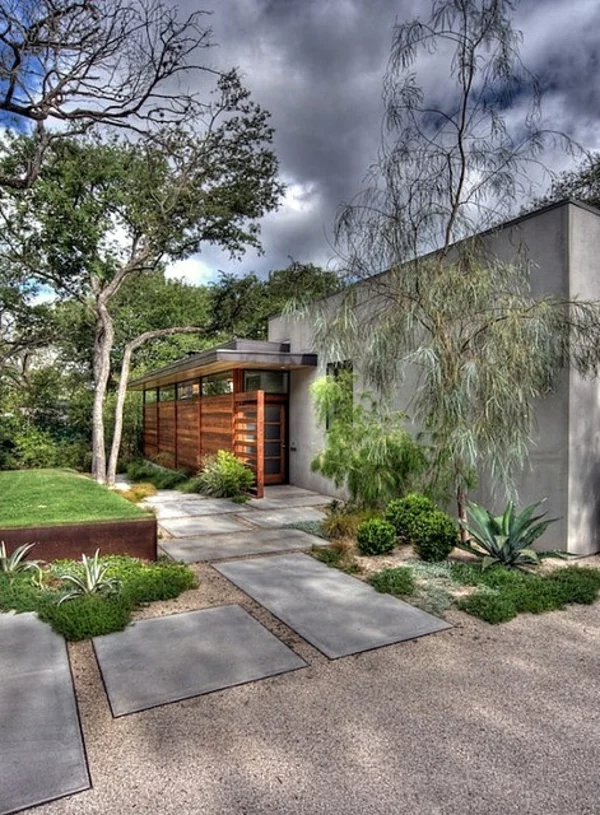 exterior designideen vorgartengestaltung betonplatten kies 