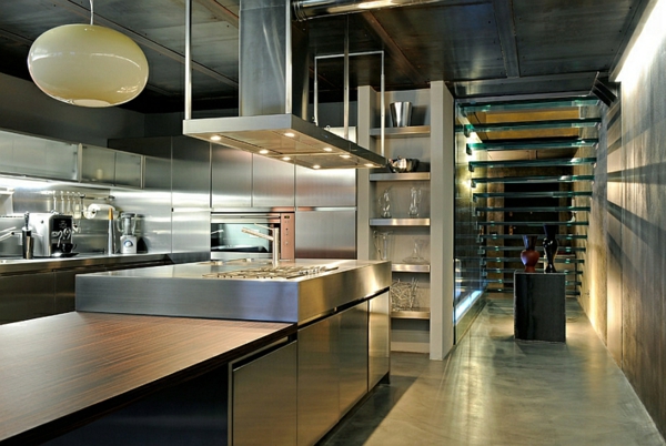 interior design ideen industrielle küche treppe glas