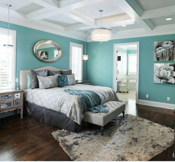 interior design schlafzimmer farbideen wandgestaltung türkis bett 