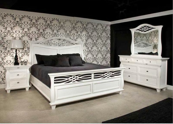 interior design schlafzimmer ideen schwarz-weiß bett wandtapete 