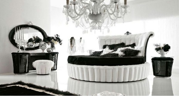 luxus schlafzimmer design ideen schwarz-weiß rundbett kronleuchter 