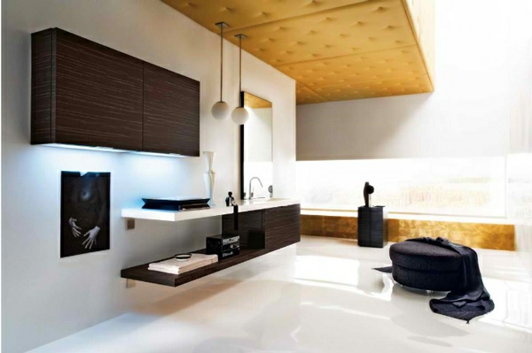 moderne badezimmer dekoideen pendelleuchten hocker 