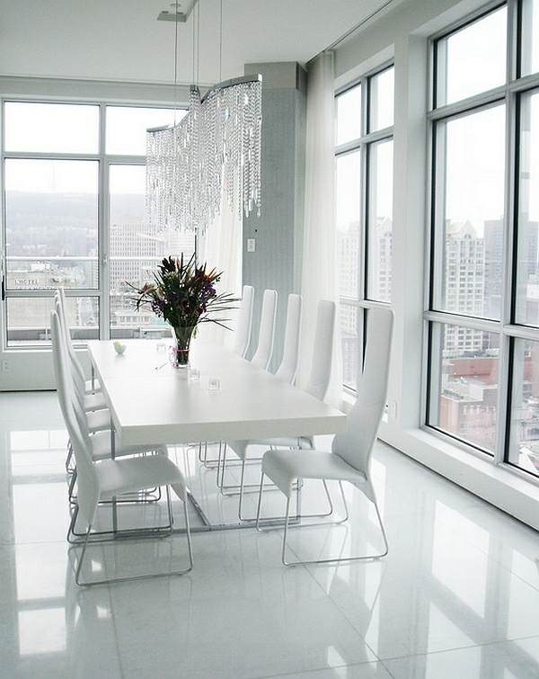 moderne esszimmer komplett in weiß fliesenboden minimalistisch