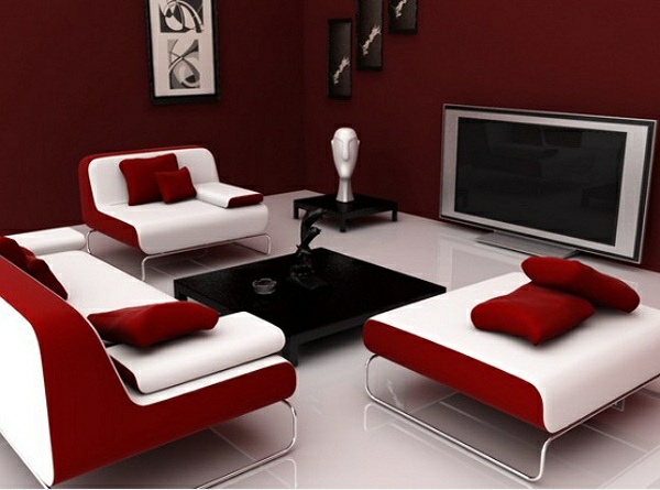 moderne wohnzimmer wandfarbe farbpalette kastanienbraun rot weiß