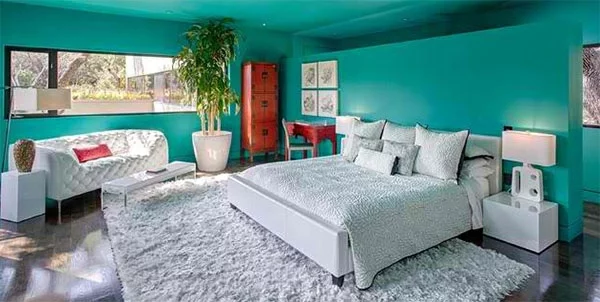 modernes schflafzimmer farbgestaltung ideen wandfarbe türkis dunkler holzboden verlegen