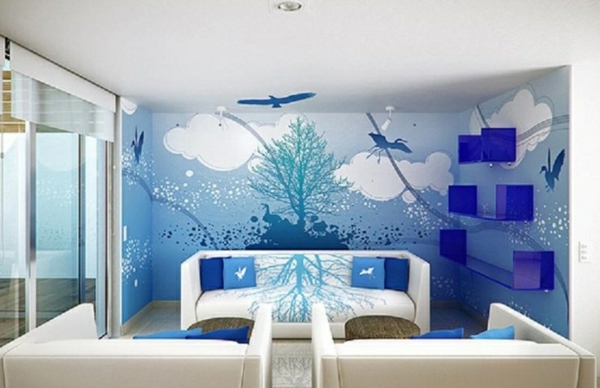 modernes wohnzimmer design blaue wandtapete himmel 