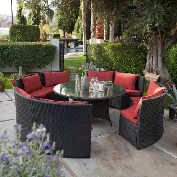 patio gastronomie outdoor möbel set esstisch sofas rote auflage 