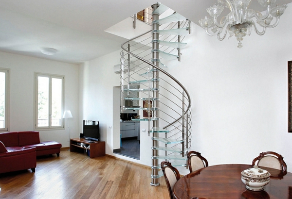 raum sparende spiraltreppe aus glas wohnzimmer essraum 
