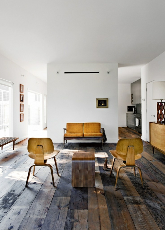 raumgestaltung wohnzimmer minimalistisch naturlook holzboden verlegen holzmöbel vintage