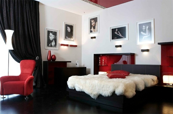 schlafzimmer design ideen schwarz-weiß rot bett wandgestaltung 