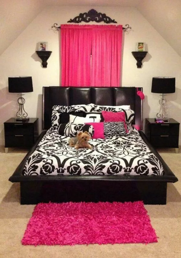 schlafzimmer designideen bett leder rosa teppich 