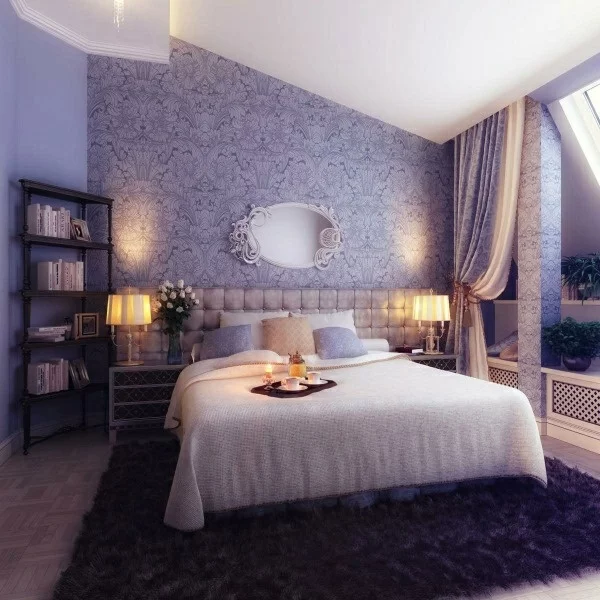 schlafzimmer designideen lila wandgestaltung teppich bett 