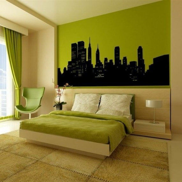 schlafzimmer designideen minimalistisch grün mit vinyl bett 