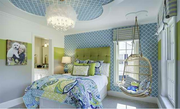 schlafzimmer farben ideen blau und grün deckenfarbe wandfarbe muster bettwäsche
