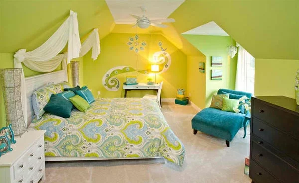 schlafzimmer farben ideen grelle leuchtende farben blau grün wandgestaltung ideen