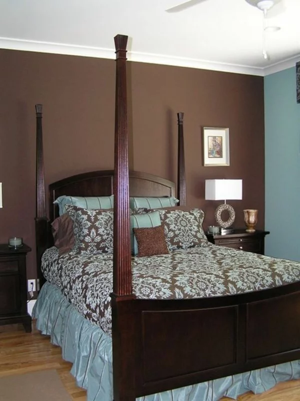schlafzimmer farbideen braun blau  himmelbett