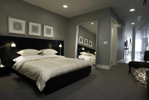 schlafzimmer farbideen in grau bett holz bett kopfteil 