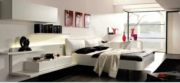 schlafzimmer ideen in schwarz-weiß modern wand art bett rote akzente 