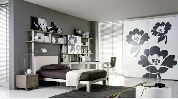 schlafzimmer ideen schwarz-weiß modern schrank mit blumenmuster 