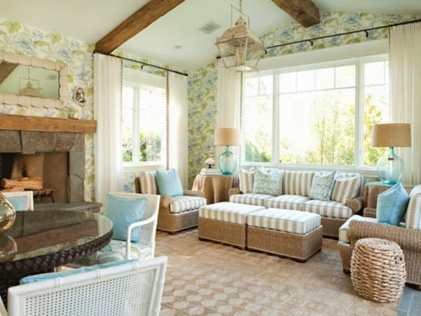 stilvolle rattanmöbel wohnzimmer sofa tisch neutrale farben