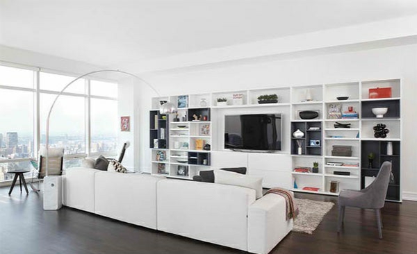 tv wohnwand anbauwand wohnzimmer weiß offene regale flachbildschirmfernseher