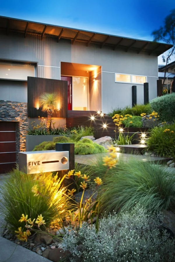 vorgartengestaltung  modern exterior patio vielseitige pflanzenbeete 