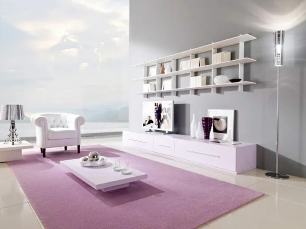 wohnideen modern wohnzimmer farbideen hellgrau rosa teppich 