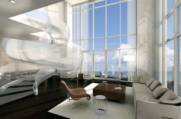 wohnzimmer design ideen dramatisch spiraltreppe aus glas sofa 