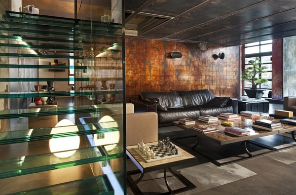 wohnzimmer design ideen industrieller stil gerade treppe glas leder möbel