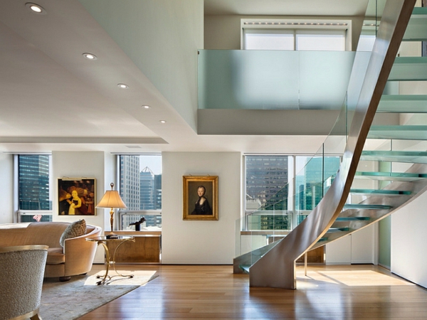 wohnzimmer design ideen treppe spirale glas sofa 
