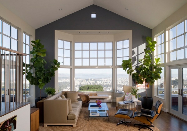 wohnzimmer designs mit gewölbedecken weiß wandfarbe grau große fensterfläche