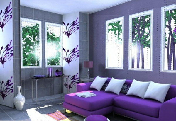 wohnzimmer farbgestaltung lila inspiration wandgestaltung sofa 