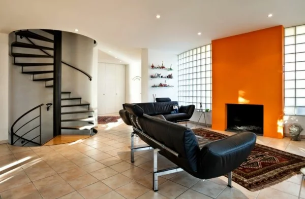 wohnzimmer farbgestaltung orange schwarze kombination